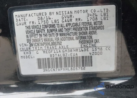 2017 Nissan Versa 1.6 S/1.6 S+/1.6 Sl/1.6 Sv z USA, uszkodzony, nr VIN 3N1CN7APXHL805752